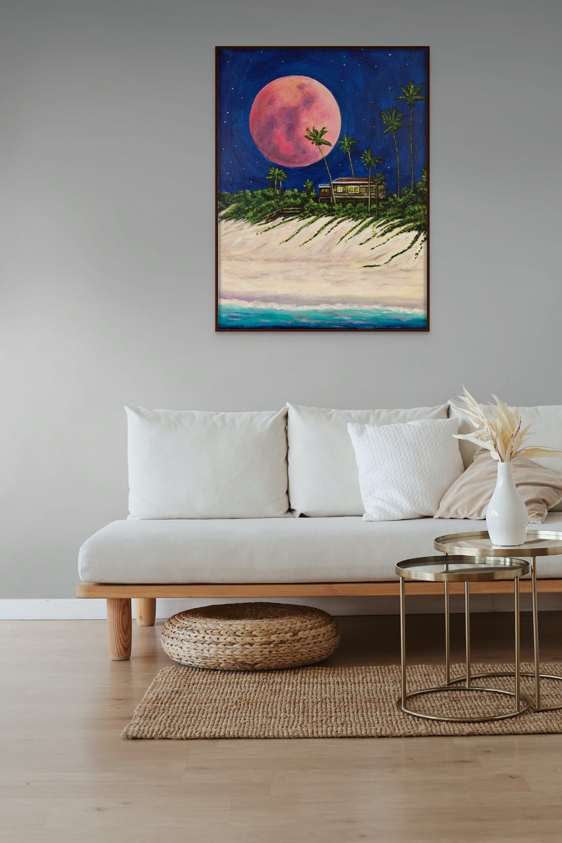 Pink Moon Beach Night Painting Palm Trees Cottage Tropical Art Poster - Image 5