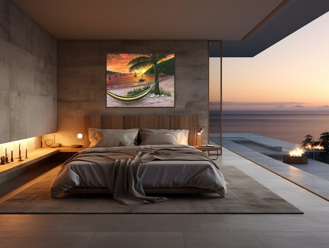 Tropical Beach Sunset Sailboats Hammock Palm Trees Coastal Poster - Image 2