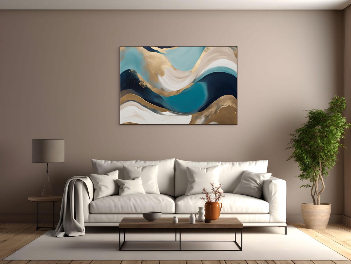 Abstract Flowing Waves Teal Navy Gold White Modern Art Poster - Image 2