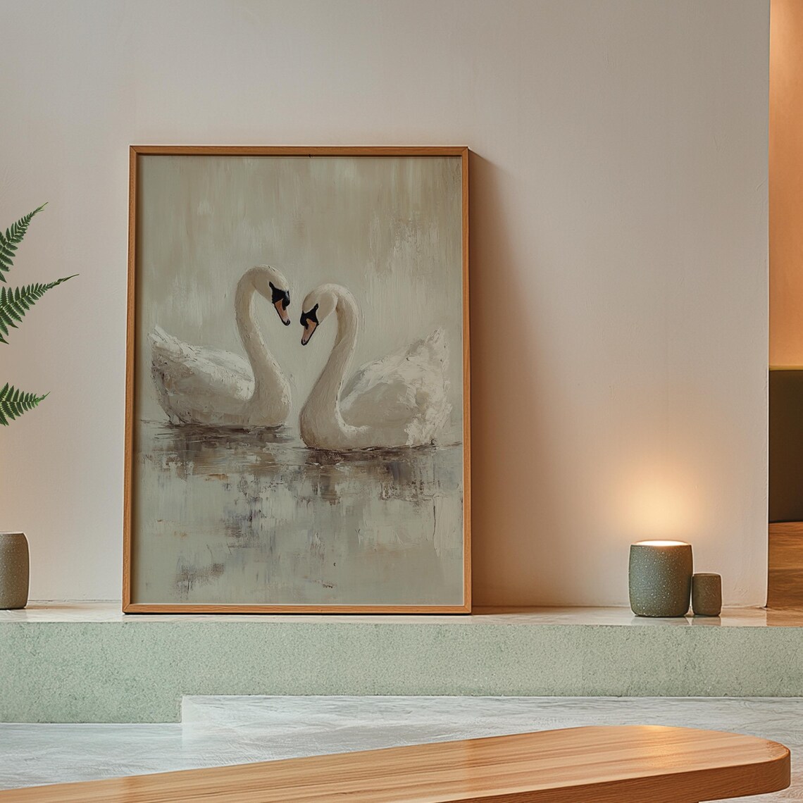 White Swan Couple Oil Painting Print, Rustic Vintage - Image 5