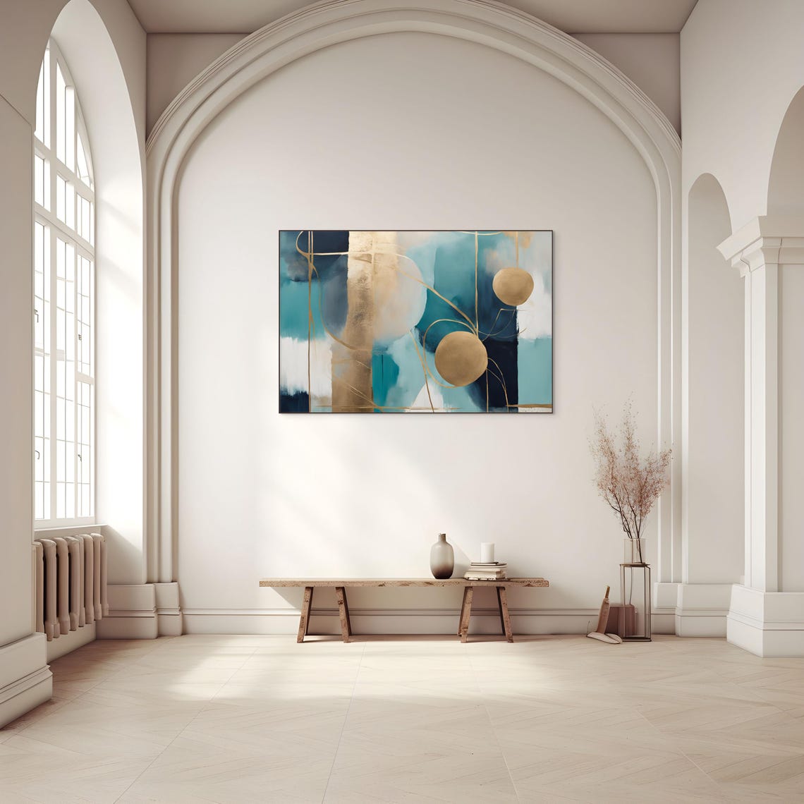 Abstract Teal Navy Gold Circles Linework Modern Office Art Poster - Image 2