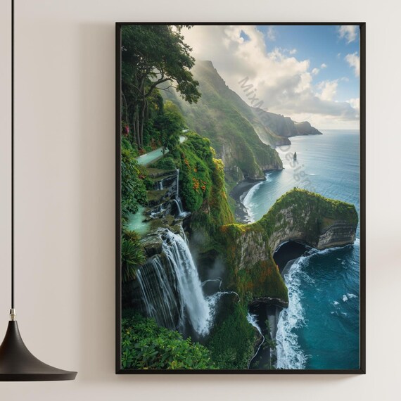 Waterfall by the Sea Coastal Landscape Poster Lush Green Cliffs