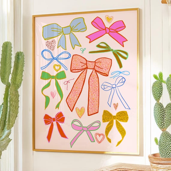 Colorful Bow Art Print For Bedroom Preppy Poster Apartment Girly Illustration Nursery Or Kids Room