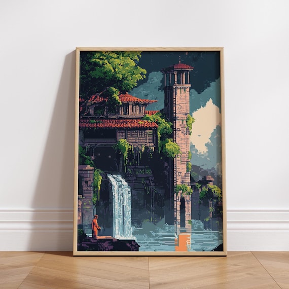 8bit Castle Waterfall Poster Pixel Art Fantasy Wall Print Retro Temple Landscape Vintage Game Style Nature Decor