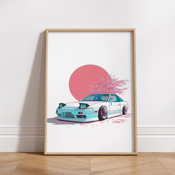 Japanese Drift Car Sakura Blossom Retro Red Sun Poster Decor