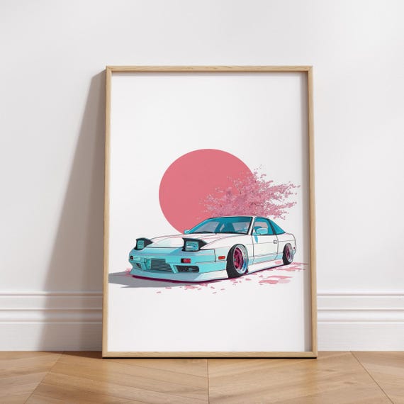 White Silvia Jdm Drift Car Print Japanese Cherry Blossom Art
