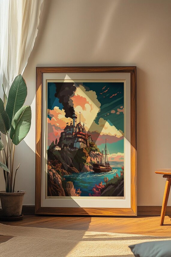 Fantasy Seaside Fortress With Tall Ship Anime Illustration Art Poster