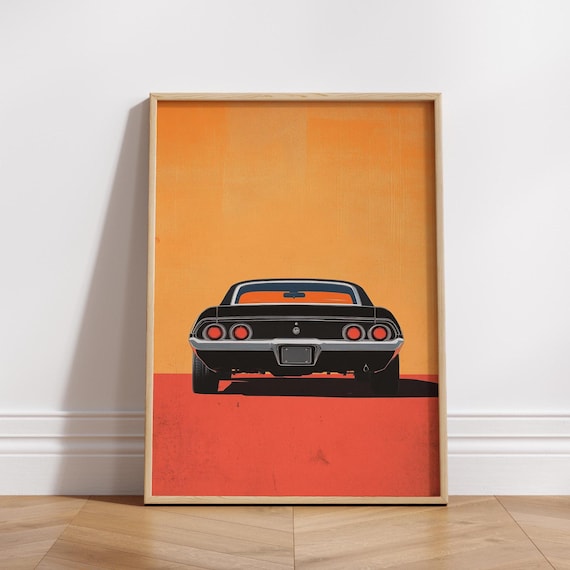 Classic Muscle Car Rear View on Orange Sunset Retro Pop Art Poster