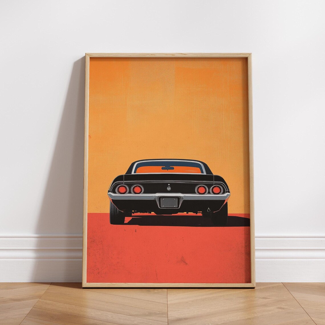 Classic Muscle Car Rear View on Orange Sunset Retro Pop Art Poster