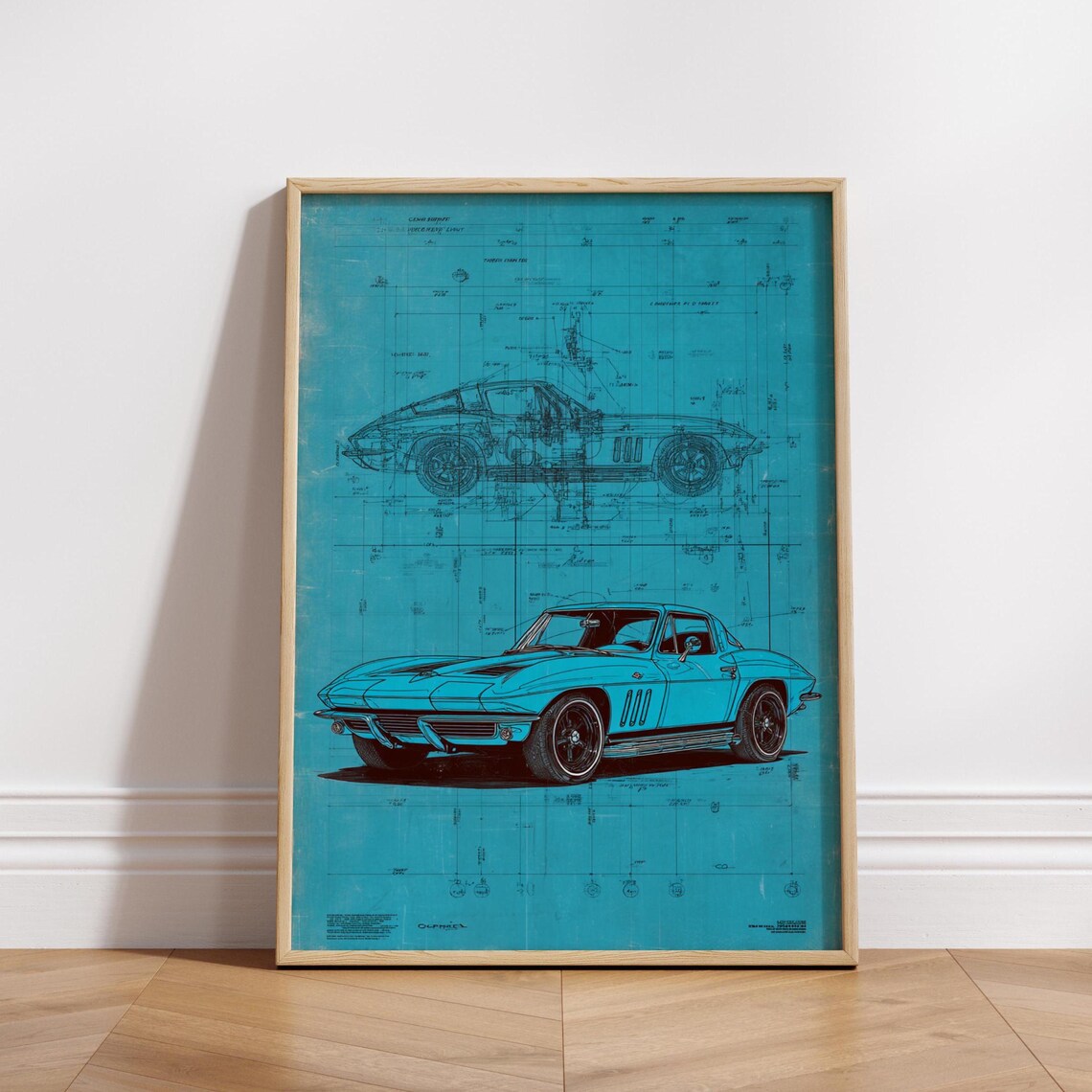 Chevrolet Corvette Vintage Blueprint Car Technical Drawing Automotive Poster