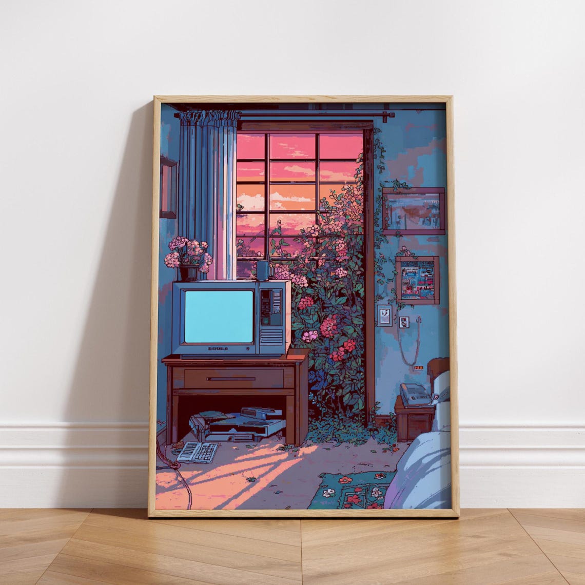 Pixel Room Poster 8bit Wall Art Retro Crt Tv Bedroom Scene Vaporwave Decor Cozy Gaming Physical Print