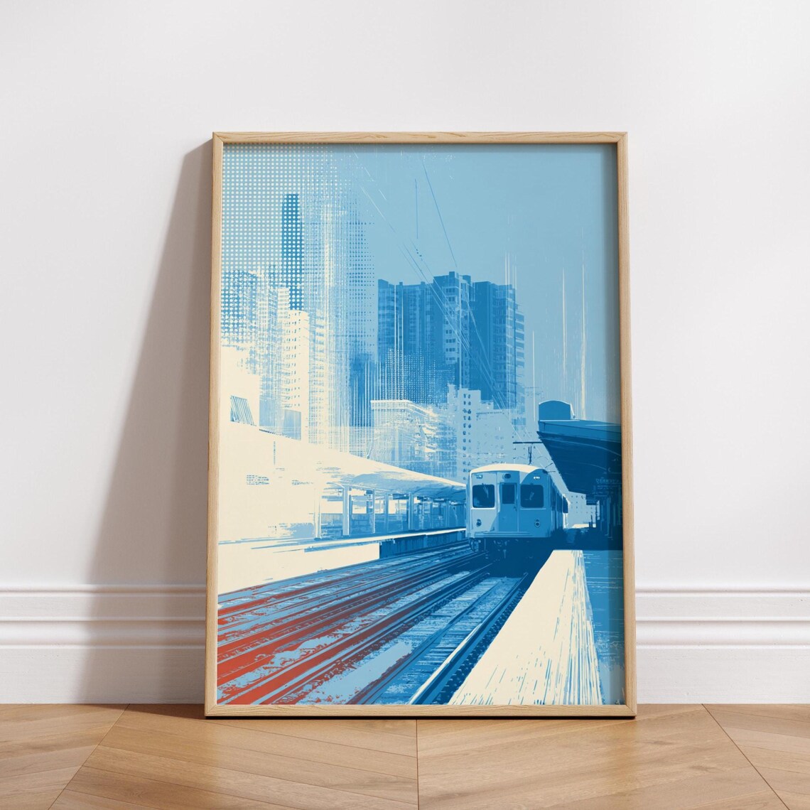 Modern Train Station Poster Stylized Blue Urban Transit Wall Art Minimalist Railway Print City Travel