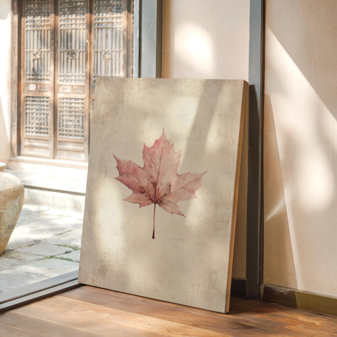 Single Blush Pink Maple Leaf On Textured Beige Autumn Wall Art