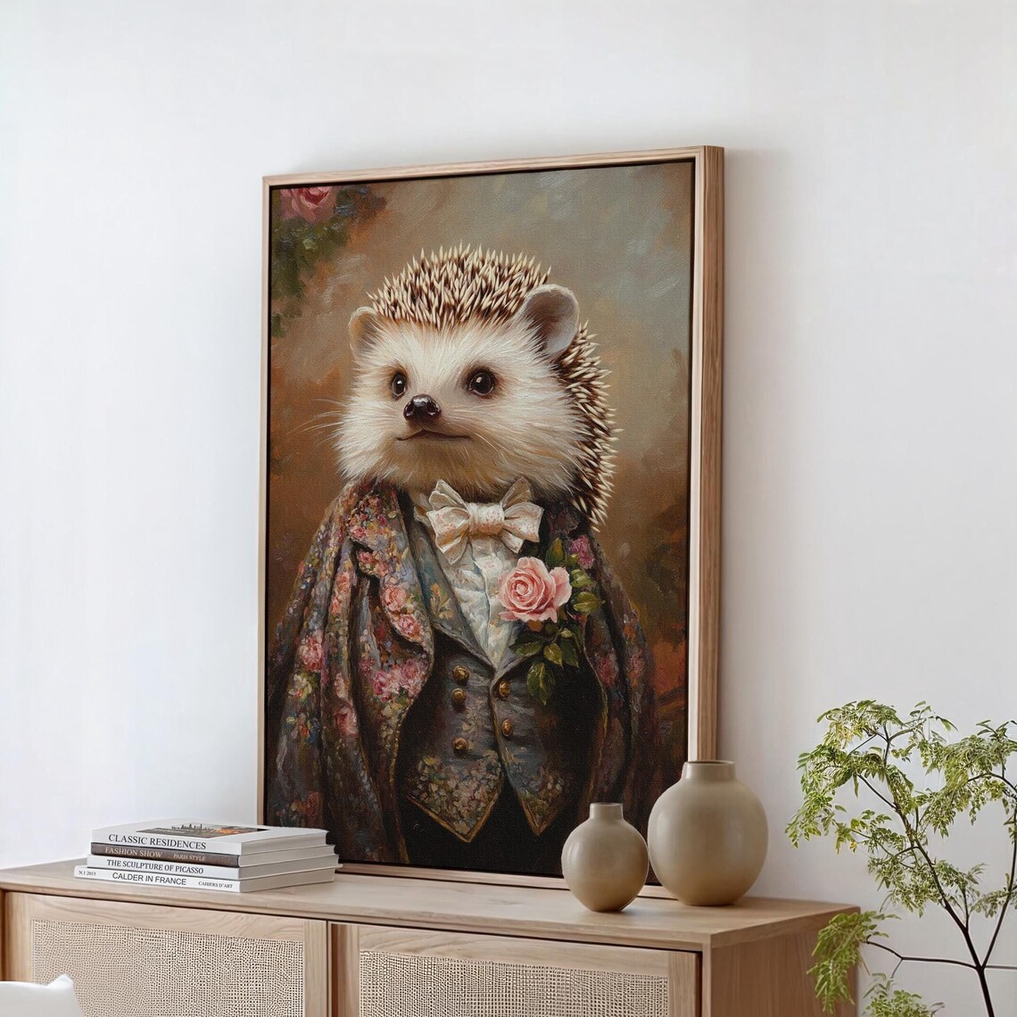 Regal Hedgehog Portrait Floral Coat Cream Bow Tie Pink Rose Poster