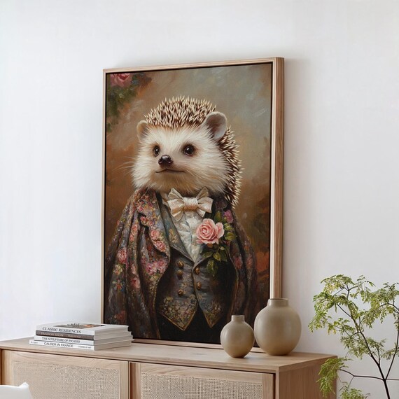 Regal Hedgehog Portrait Floral Coat Cream Bow Tie Pink Rose Poster