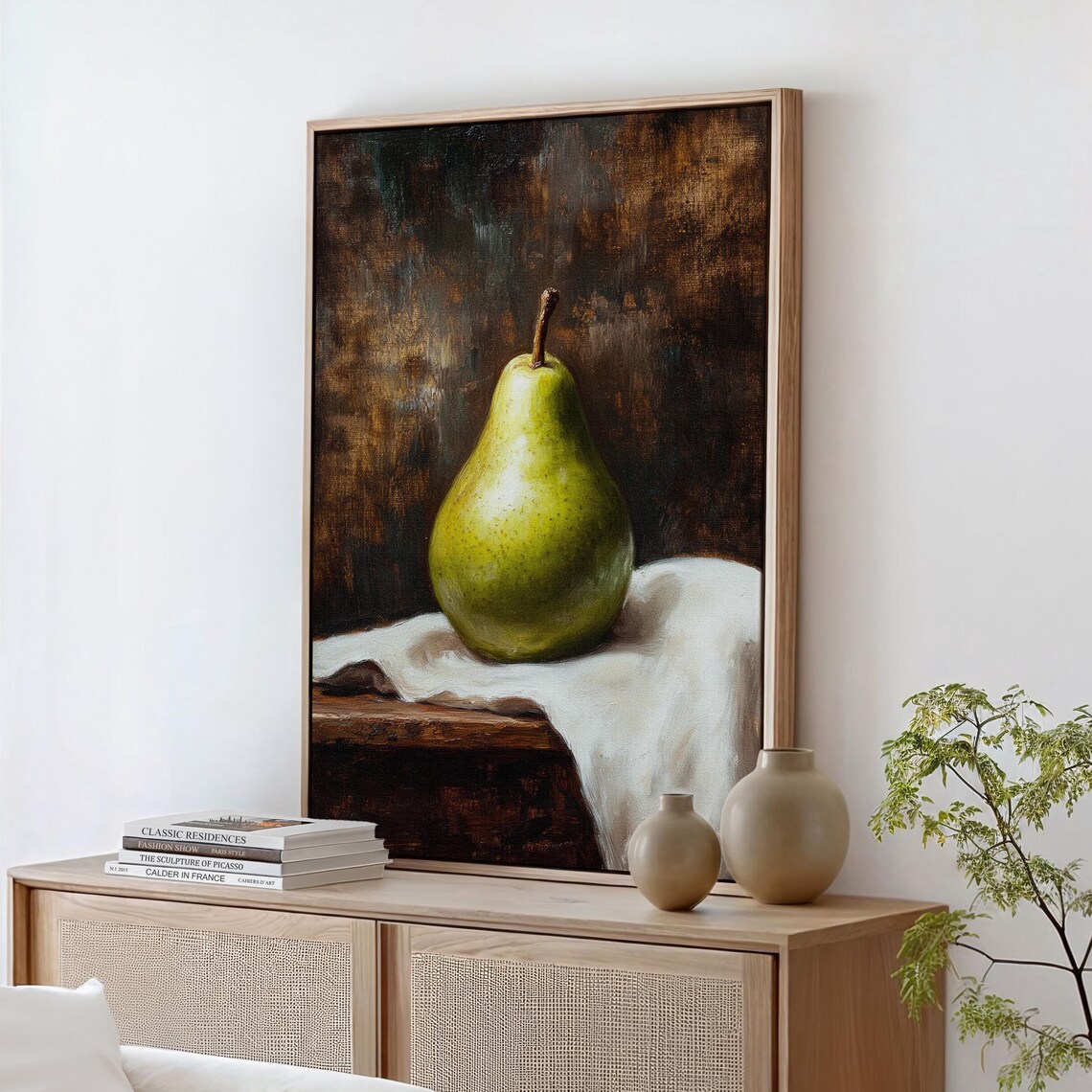 Green Pear Still Life on Dark Background Classic Kitchen Poster