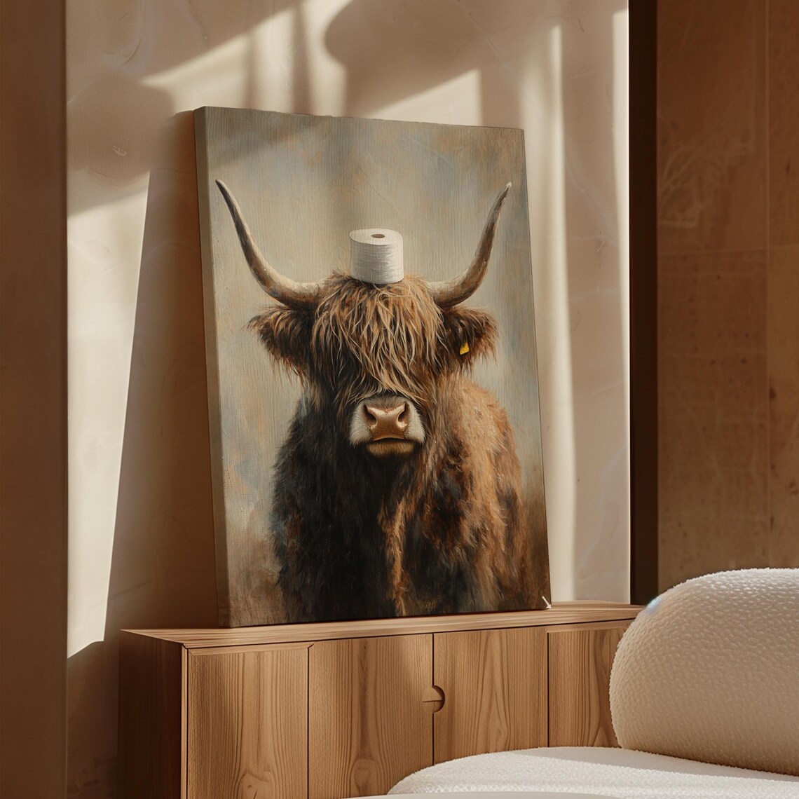 Highland Cow With Toilet Paper On Head Funny Bathroom Poster