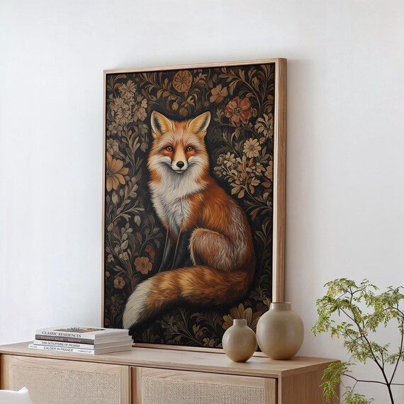 Red Fox Seated in Dark Botanical Floral Tapestry Wildlife Poster