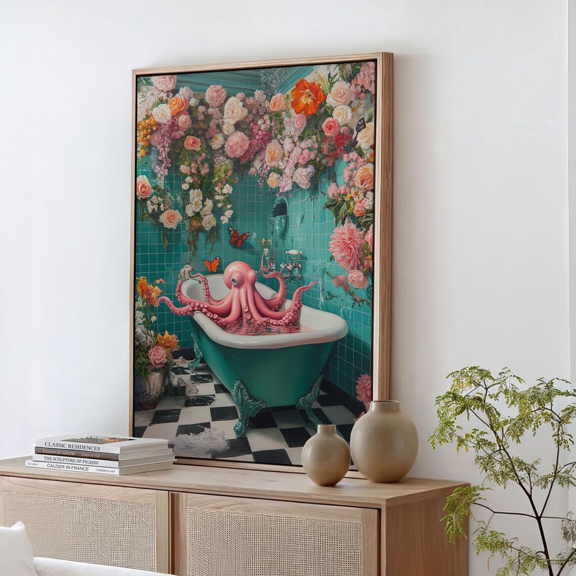 Whimsical Octopus In Floral Bathroom Surreal Art Print