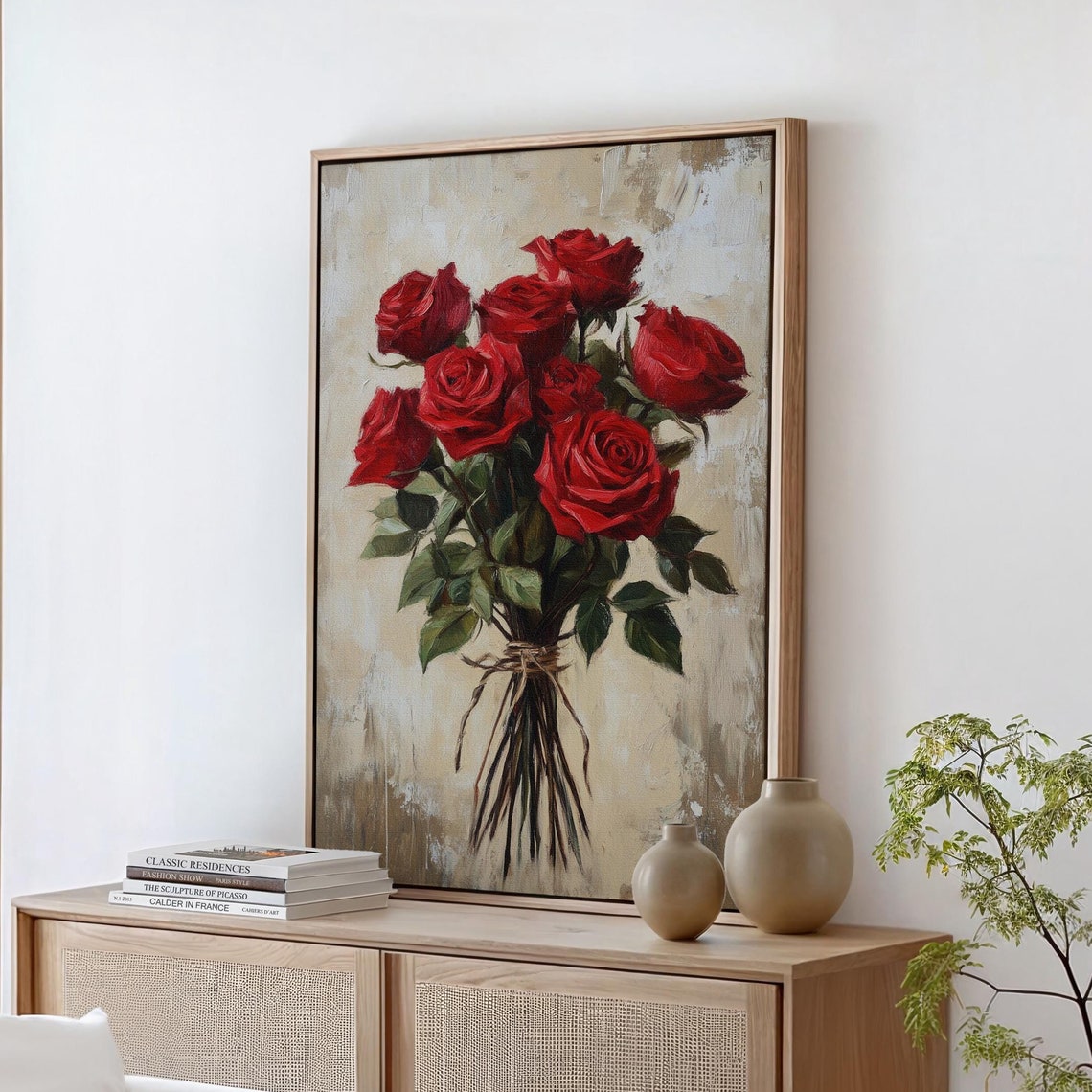 Red Roses Bouquet Oil Painting on Textured Beige Canvas Art Print