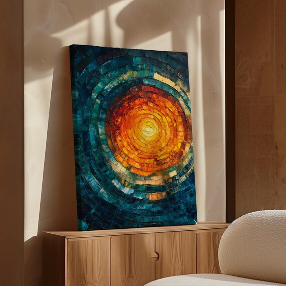 Radiant Sunburst Abstract Textured Oil Painting Fiery Orange Deep Blue Wall Art Modern Circular Art Print