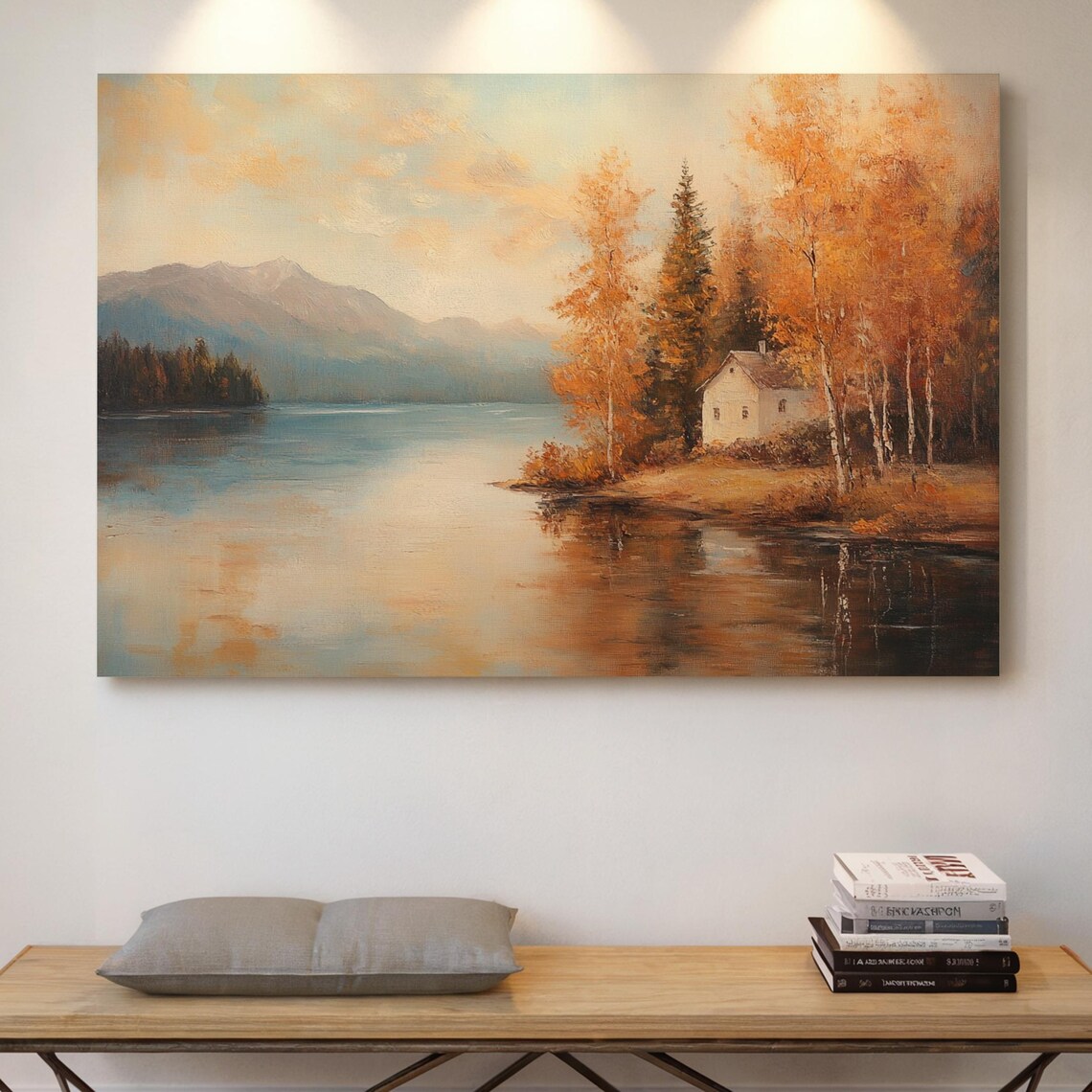 Autumn Lakeside Cabin With Golden Reflections Cozy Fall Mountain Lake Scene Poster