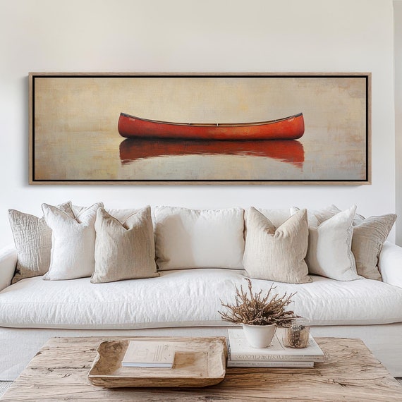Red Canoe On Calm Waters Wall Art Rustic And Modern Lake Reflection Print For Nature Inspired Home And Office Decor