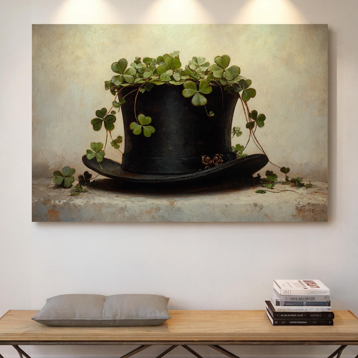Clover Sprouting From Black Top Hat Vintage Still Life Wall Art