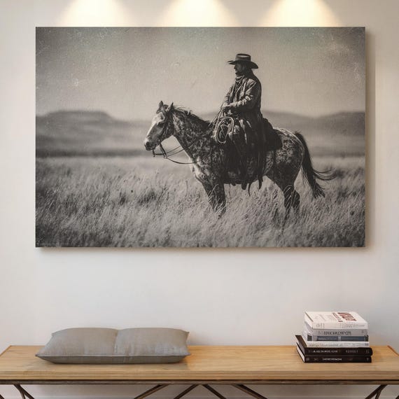 Cowboy On Horseback Black And White Canvas Wall Art Western Ranch Rider Photography Print Rustic Farmhouse Country Decor