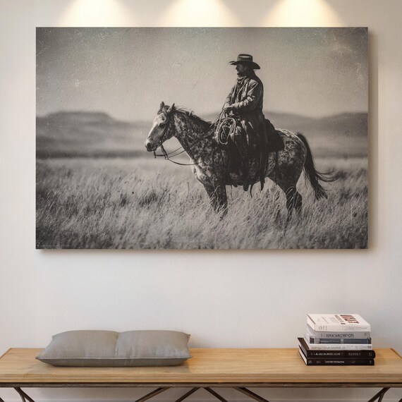 Cowboy On Horseback Pausing In Tall Grass Field Western Photo Poster