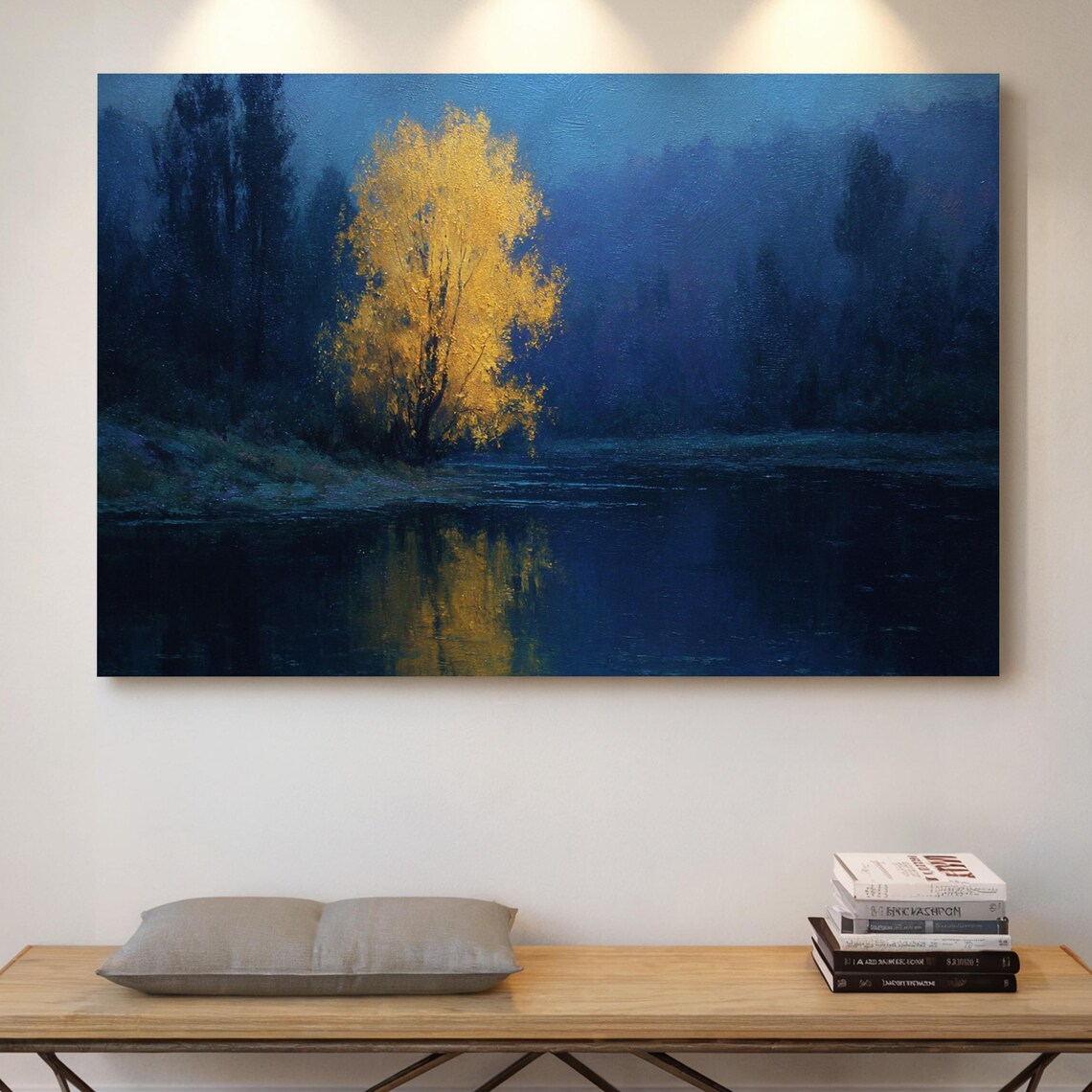 Golden Tree by a Moonlit Lake Reflected in Blue Night Water Poster