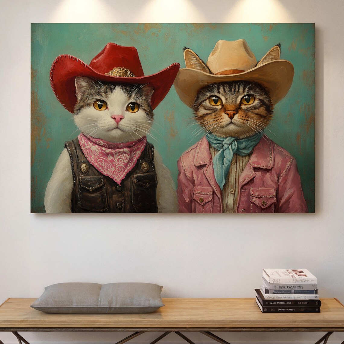 Cowboy Cat Duo In Western Hats Vintage Feline Painting Wall Art