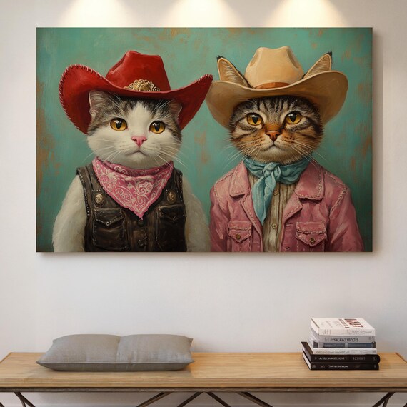 Cowboy Cat Duo In Western Hats Vintage Feline Painting Wall Art