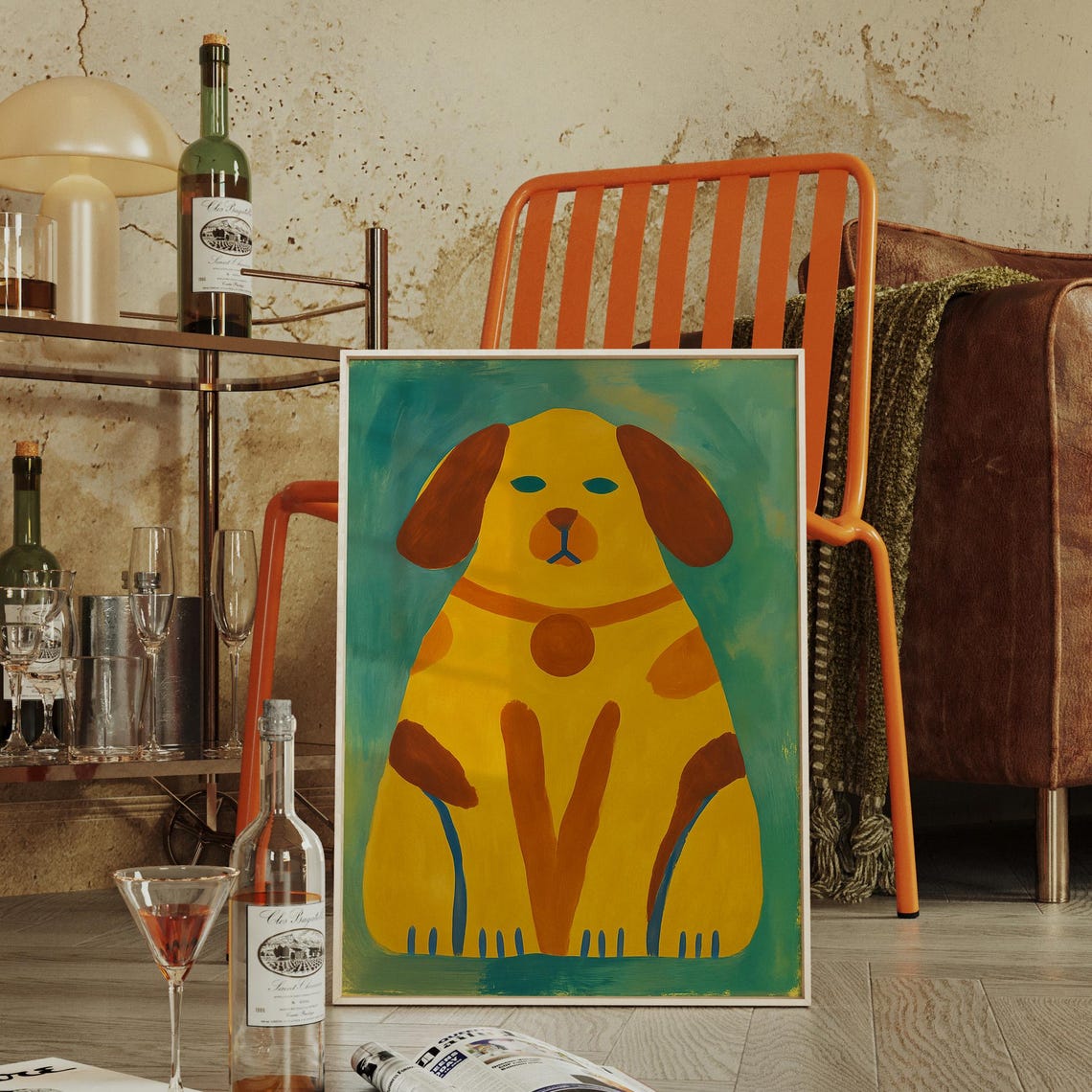 Bold Yellow Dog Illustration Modern Whimsical Pet Wall Art