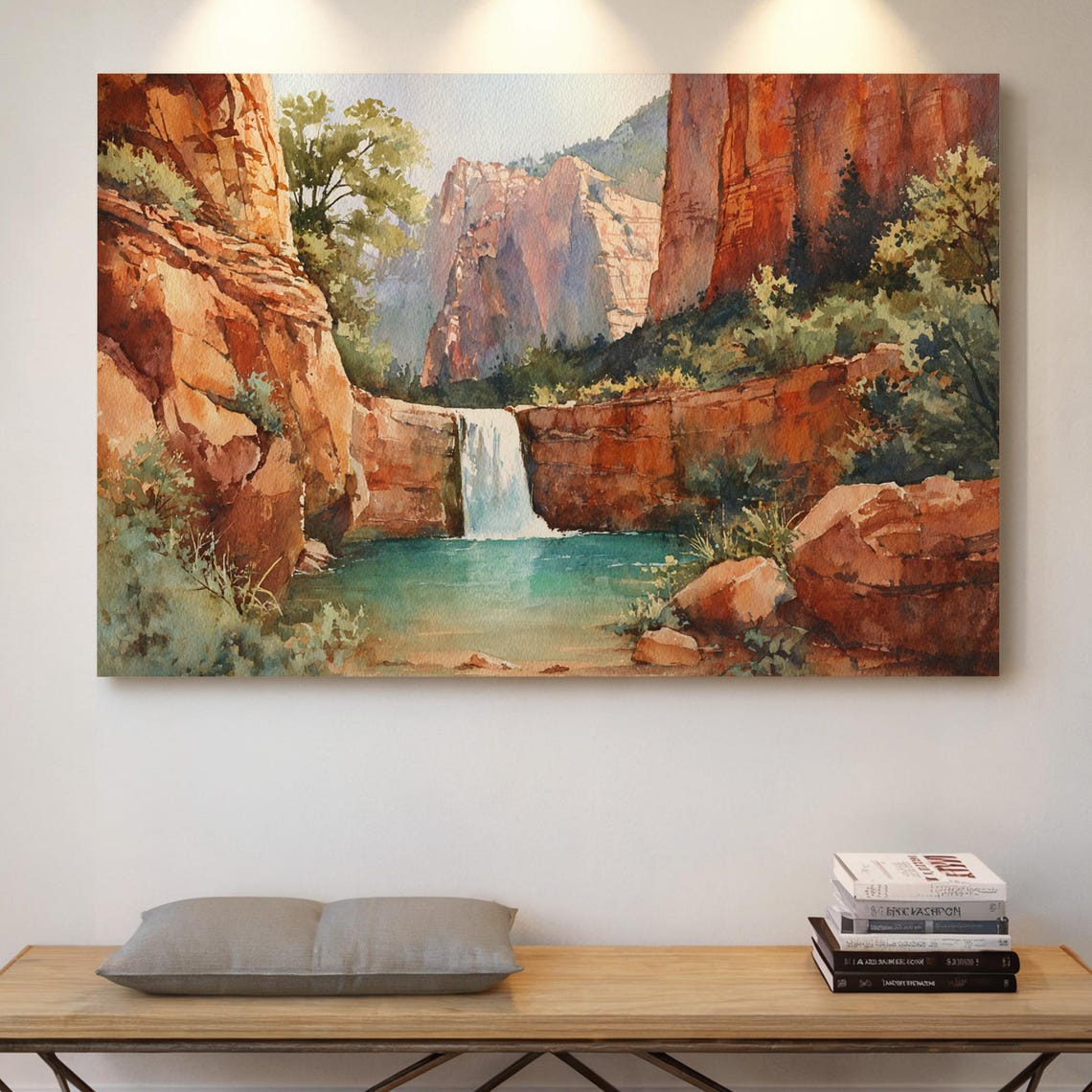 Desert Canyon Waterfall with Turquoise Pool Watercolor Wall Art