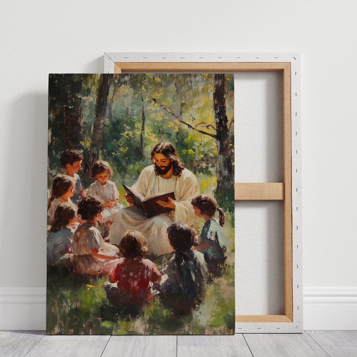 Jesus Reading Bible To Children Forest Gathering Faith Poster