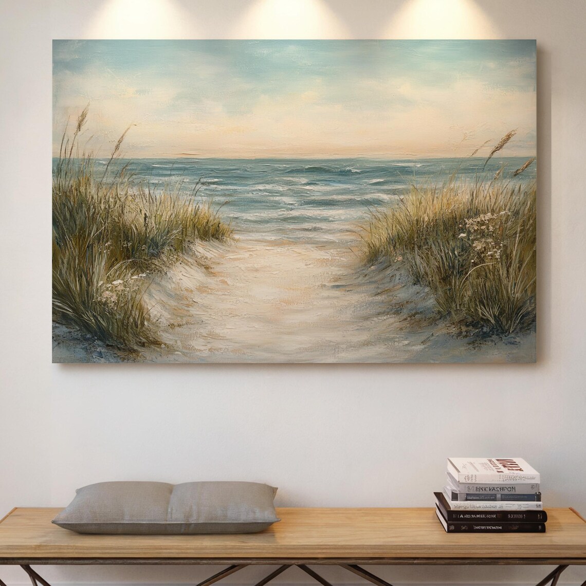 Coastal Beach Path, Soft Blue Seascape Oil Painting