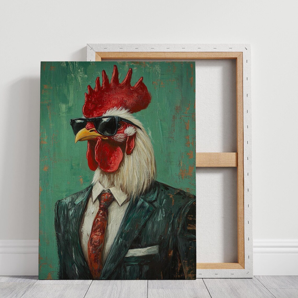 Rooster Wearing Sunglasses and Suit with Red Tie Funny Animal Poster