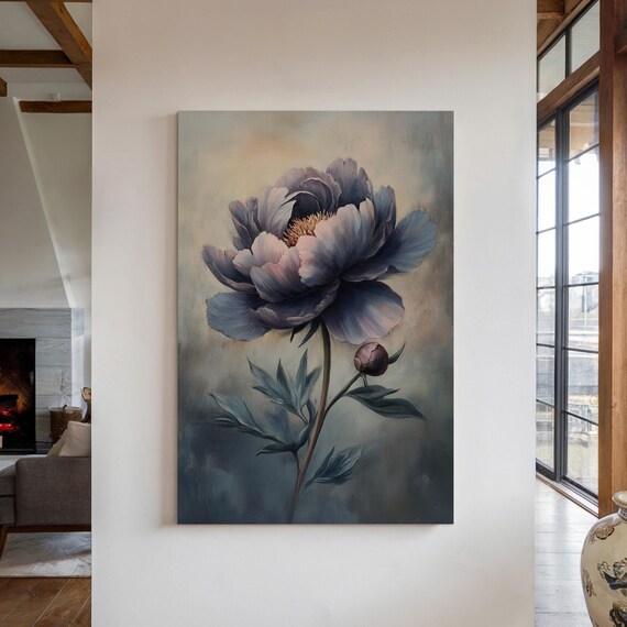 Vintage Peony Moody Floral Wall Art Dark Botanical Print Elegant Flower Painting Soft Romantic Aesthetic Decor