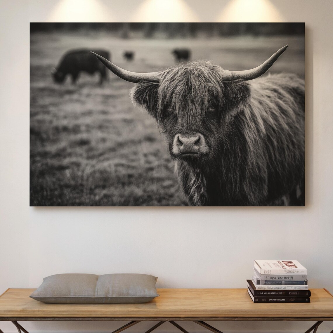 Highland Cow Black And White Art Print, Rustic
