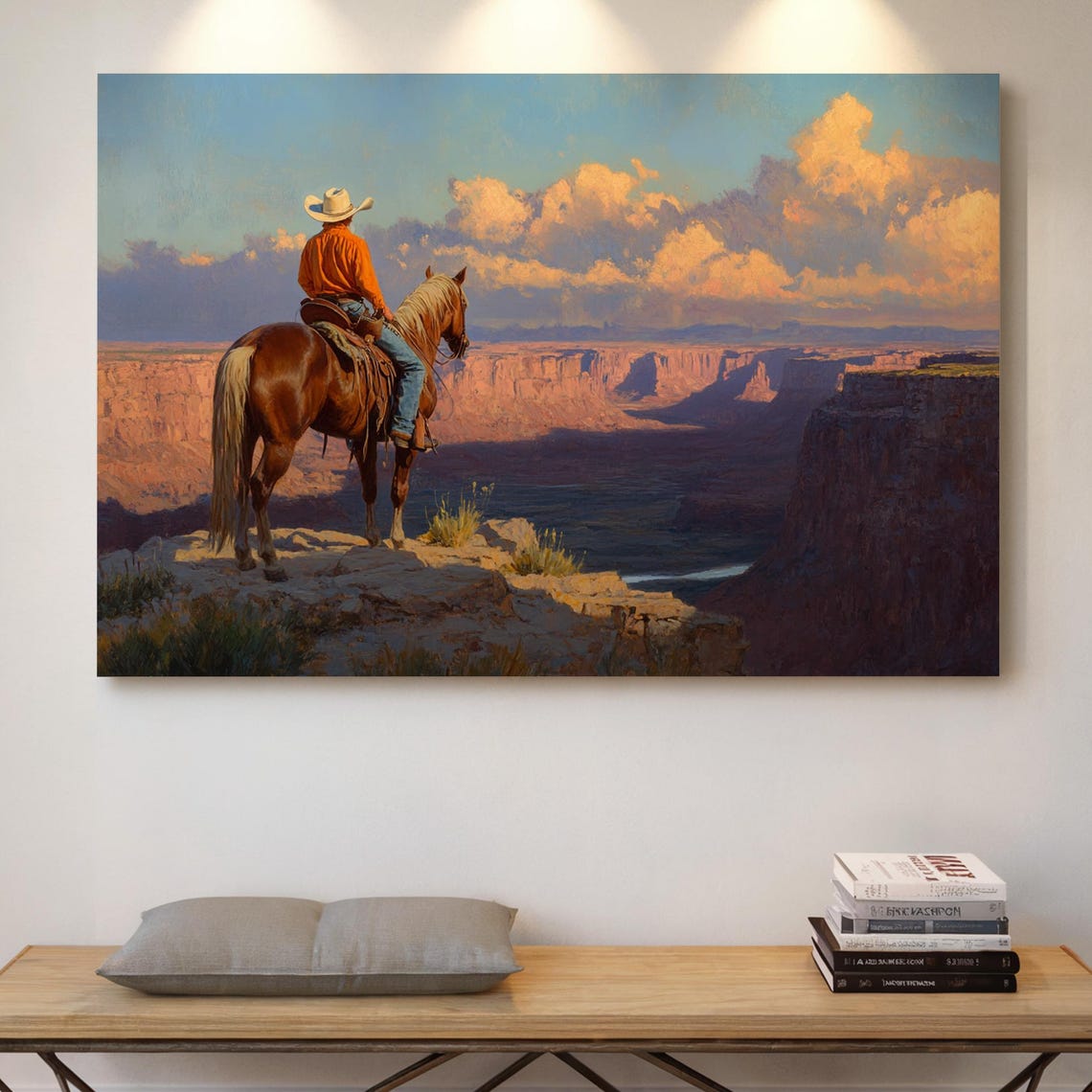 Cowboy on Horse Overlooking Sunset Canyon Western Landscape Poster