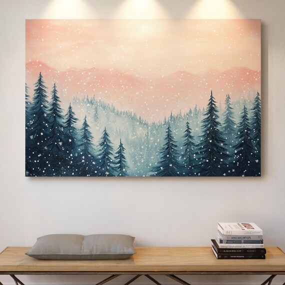 Winter Wonderland Snowy Pine Forest With Pink Sky And Falling Snow Scenic Poster