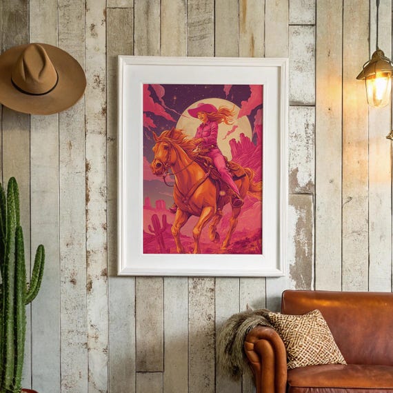 Cowgirl Riding Under Neon Moonlit Desert