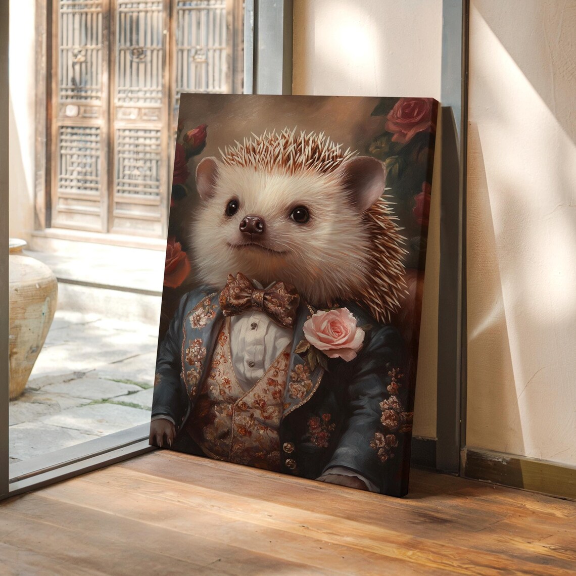 Hedgehog Gentleman Floral Suit Bow Tie Rose Boutonniere Portrait Poster