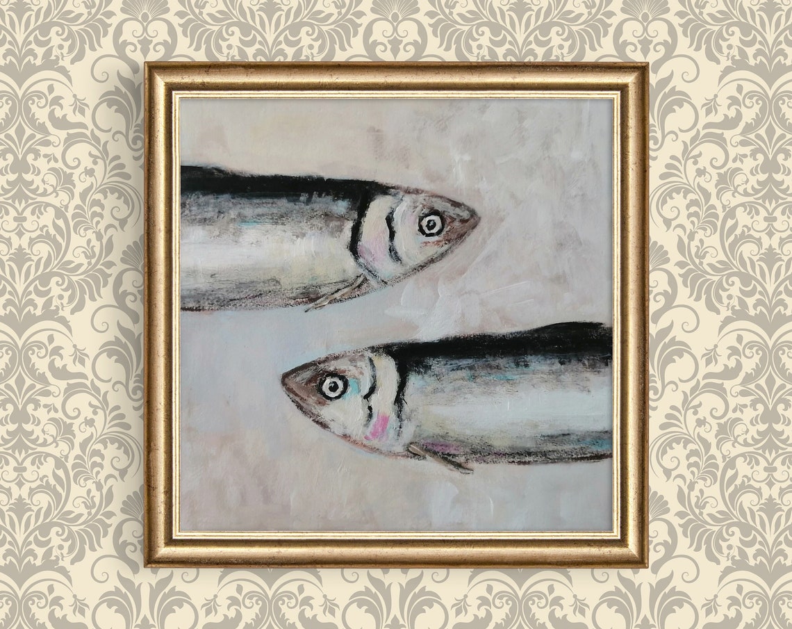 Two Silver Sardines Facing Each Other Minimalist Fish Art Poster - Image 2