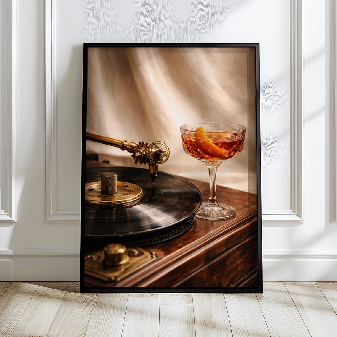 Vintage Turntable Cocktail Poster Brass Tonearm Orange Twist Drink Moody Retro Bar Wall Art