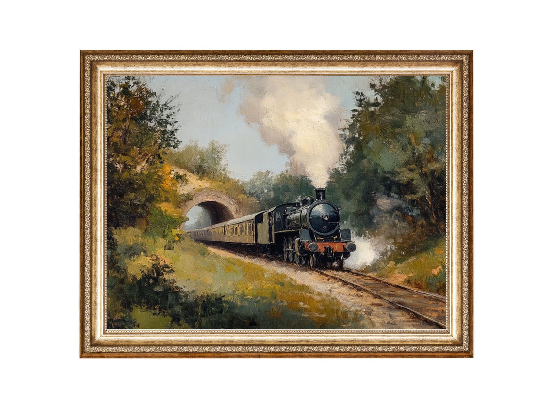 Vintage Railway Steam Train Painting Countryside Railway Travel Wall Art Oil Painting Cottage Core Art Vintage Painting Prints