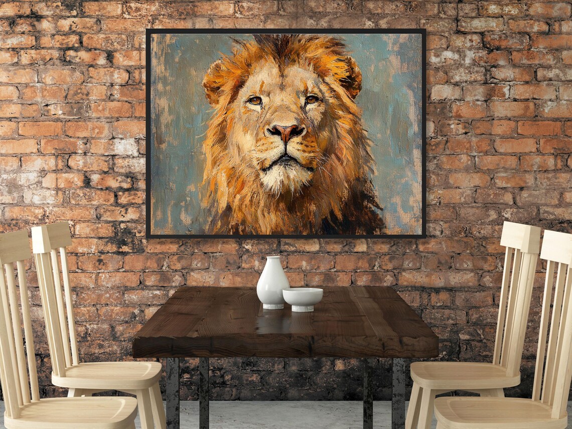 Majestic Lion Face Portrait In Warm Oil Painting Style Poster - Image 2
