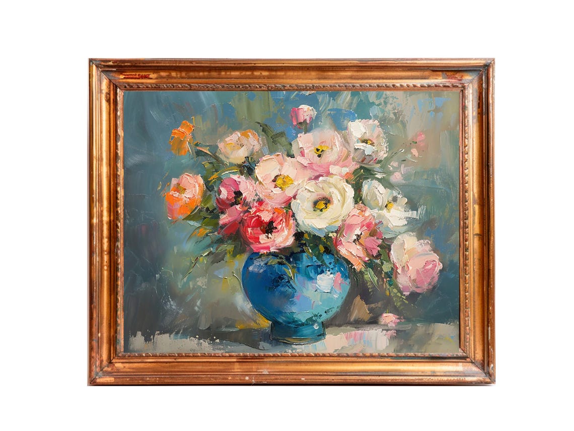 Vintage Floral Bouquet in Blue Vase Art Print - Image 3
