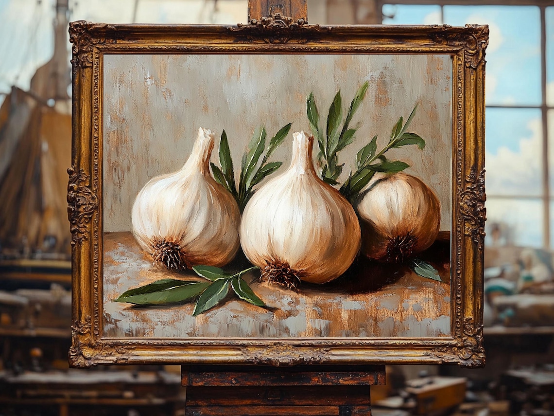 Kitchen Still Life Herb And Garlic Food Art Oil Painting Cottage Core Art Best Gifts Vintage Painting Wall Art Prints - Image 2